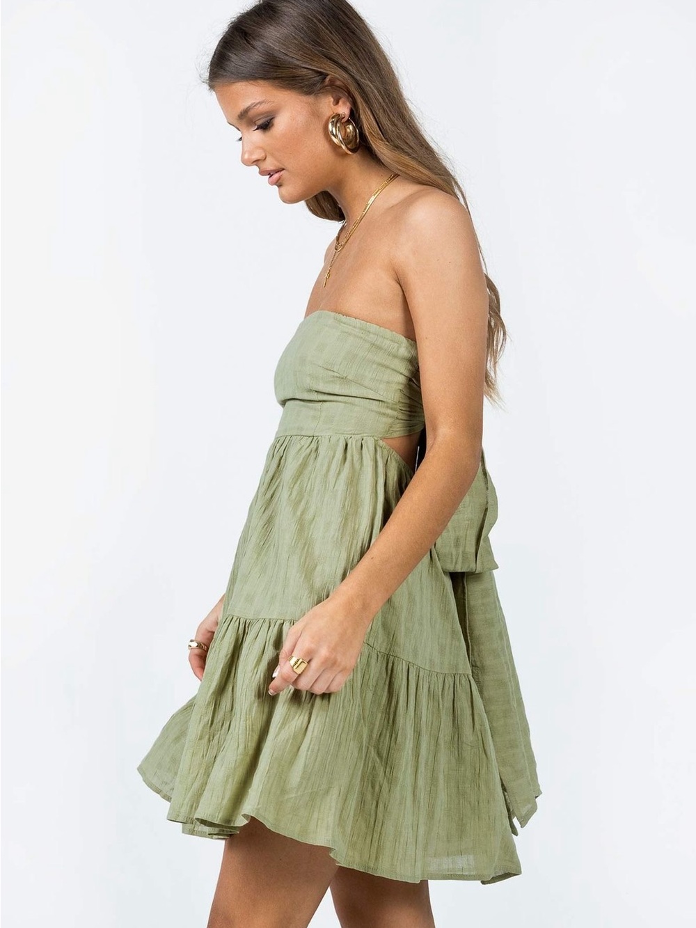 Princess Polly Love Affair Strapless Tiered Mini Dress Sage Green Size 4